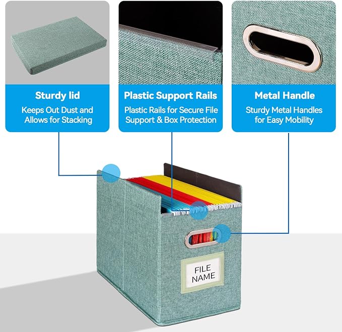 2 Pack Hanging File Folders Organizer with Lid, Letter Size Fabric File Storage Box Collapsible, Portable Office Document Holder with Metal Handle, Smooth PVC Rails, Green