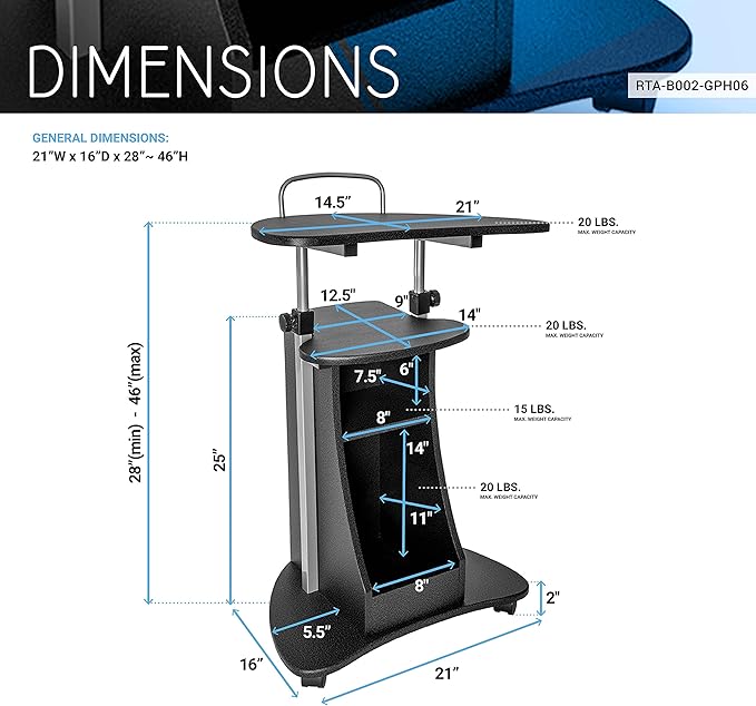 Techni Mobili Adjustable Height Rolling Laptop Cart with Storage, Graphite | Adjustable height rolling laptop cart with storage drawer, open shelf, wheels, sit‑stand design for office or medical use