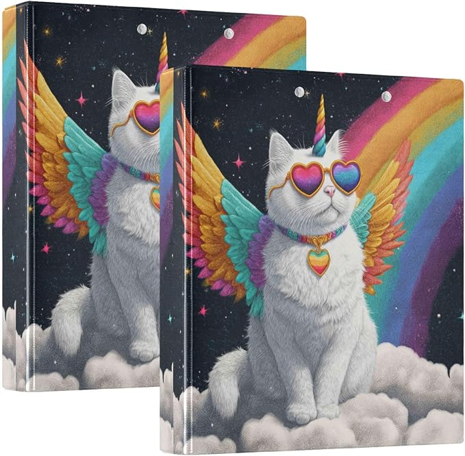 Aslsiy Kids 3 Ring Binder 1.5 Inch Unicorn Cat Rainbow Cloud Girls Round Clipboard Binder Decorative Harcover Binders Organizer for Office School Supply