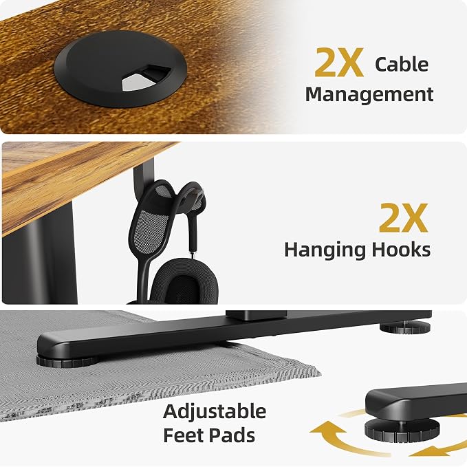 Claiks Electric Height Adjustable Standing Desk, 55x24 Inch, Rustic Brown | Smooth Height Adjustment, 3 Memory Presets, Cable management hub & hook, Stable Steel Frame, 156 lbs Capacity, Easy Assembly
