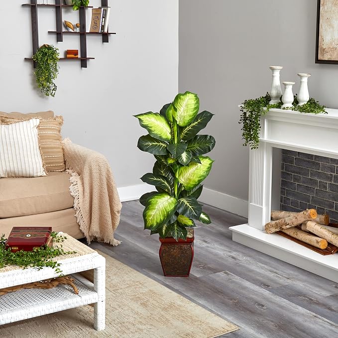 Nearly Natural 45 in Artificial Golden Dieffenbachia with Decorative Pot | Lush Variegated Leaves, Faux Greenery in Decorative Planter, Maintenance-Free Floor Plant, Indoor Home Decor