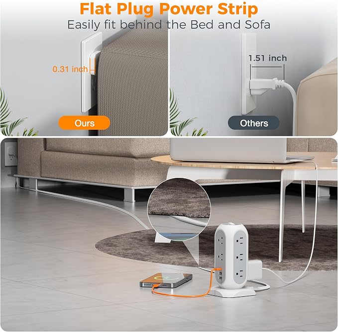 TESSAN Tower Power Strip Flat Plug with 1050J Surge Protection, 15 Ft, Grey | 11 Outlets 3 USB (1 USB C), Surge Protector Power Tower, Extension Cord with Multiple Outlets, Dorm, Office Desk Supplies
