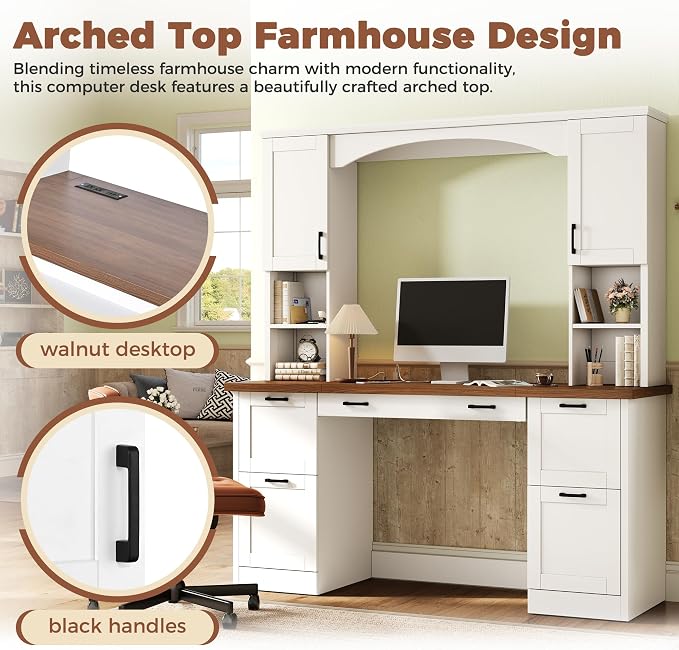 Merax Farmhouse Arched 67" Computer Desk with Power Outlets & Keyboard Tray | Wood Executive Home Office Desk with Hutch, Writing Desk with Storage Drawers for Working Study, White
