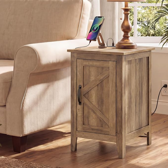 VASAGLE Side Table with Charging Station and Storage Cabinet, Nightstand | Farmhouse Narrow End Bedside Table for Living Room Bedroom Office, Warm Brown, LIRY Collection ULET131K101S