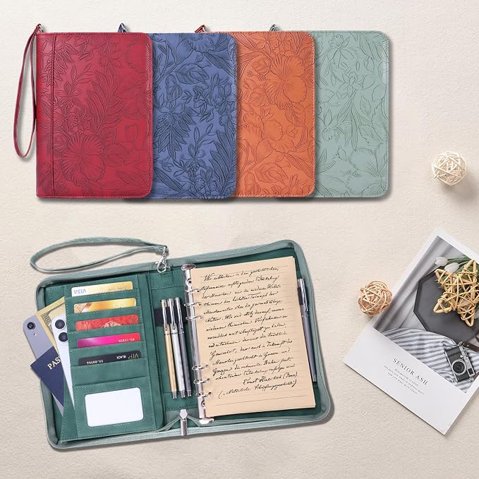 A5 Binder 6 Ring with Zipper, Portable Planner for Travel & Study | Faux leather A5 planner with detachable 6 rings, lined pages, pouches, card slots and pen holder for daily use.
