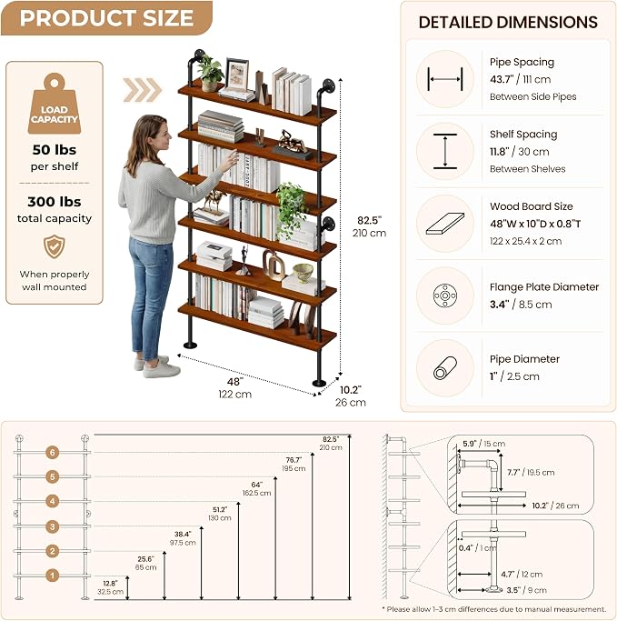 6-Tier LED Ladder Shelf, Wall Mounted Pipe Bookshelf, Walnut Brown 48 Inch | Solid pine 6-tier wall mounted pipe bookshelf with warm LED lights, 50 lb shelves, for books, plants and decor
