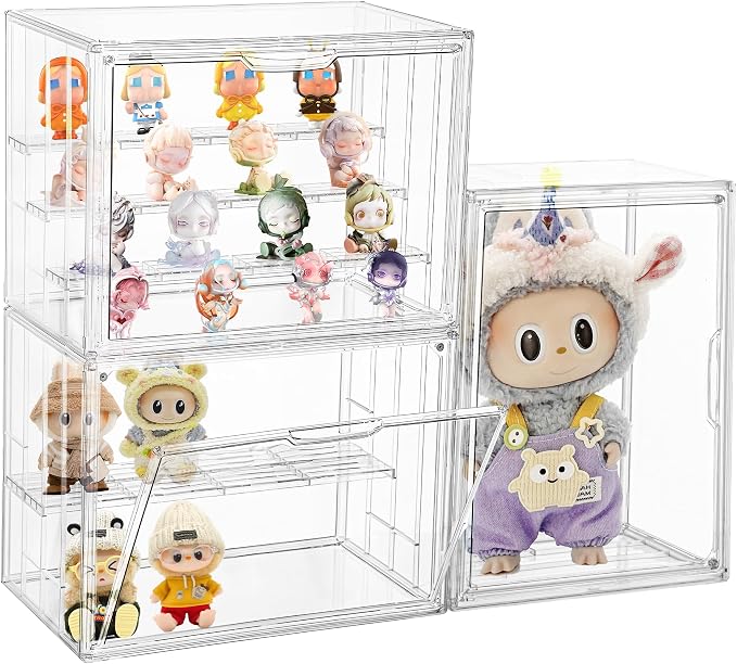 Attelite Acrylic Display Case for Collectibles 4 Tiers Clear Showcase,3Pcs | 3 Adjustable Dividers, Clear Acrylic Box for Figures, Tool-free Assembly,Magnetic Door, Dustproof,thicken plastic