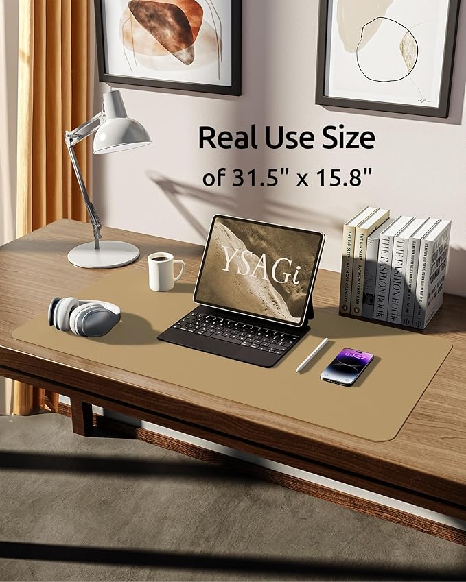 YSAGi Leather Desk Protector, Office Mat, Large Mouse Mat, Non-Slip PU Leather Blotter, Laptop Desk Pad, Waterproof Writing Pad for Office and Home (Latte, 31.5" x 15.8")