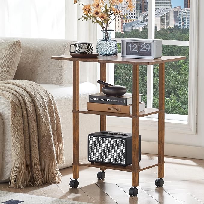 YUFAM 3 Tier Home Printer Stand with Storage, Brown | Wooden Mobile Printer Table Shelf, Rolling Printer Cart Shelf with Lockable Wheels fit Fax Machine, Scanner