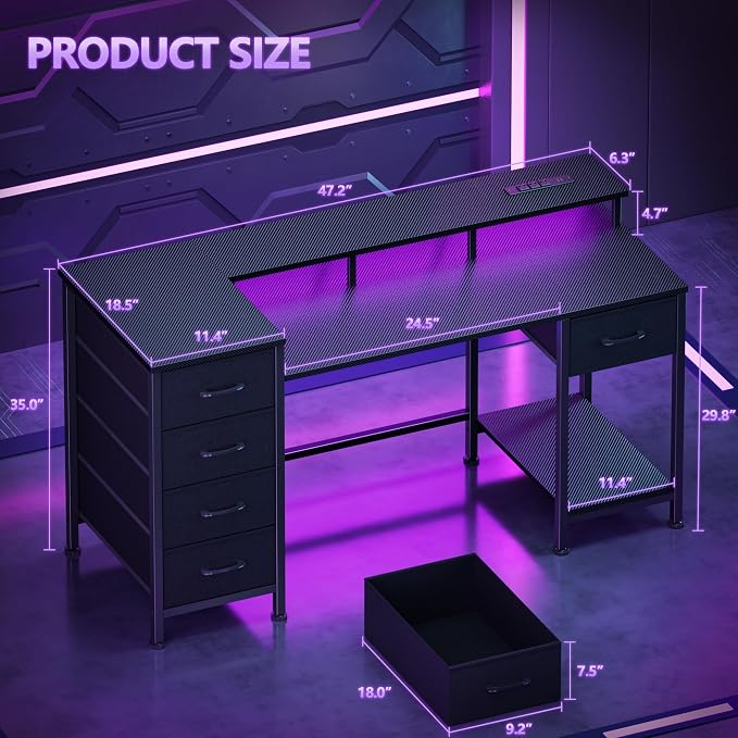 Korfile 47 Inch Computer Gaming Desk with Power Outlets & LED Lights Reversible Home Office Desk with Adjustable 5 Fabric Storage Drawers for Working Writing Study, Carbon Fiber Black | For gaming and working,built-in power outlets and LED lights,5 fab...