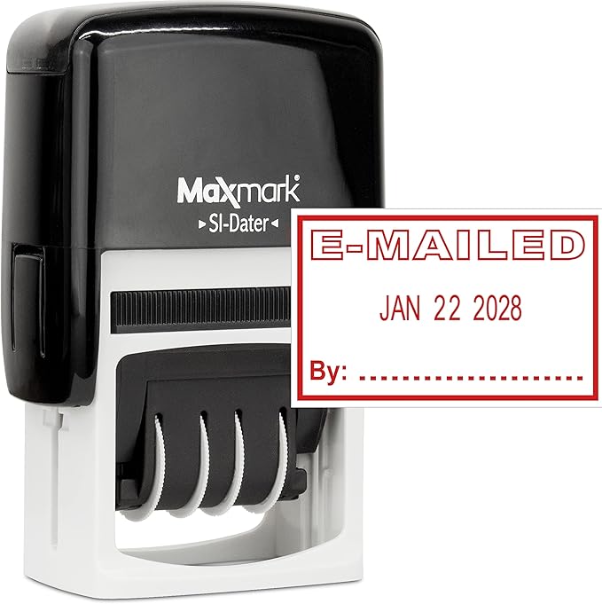 MaxMark Office Self Inking Date Stamp with Phrase E-Mailed - Red Ink