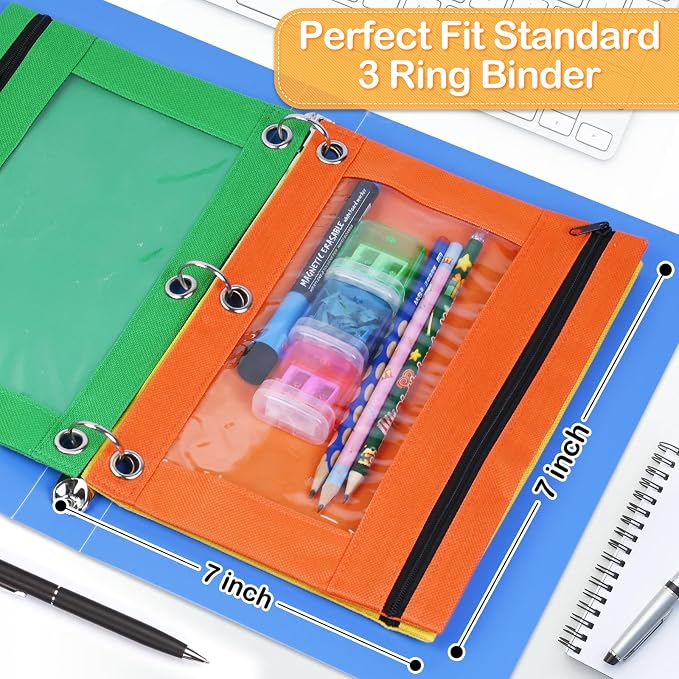 100 Pack 10 Colors Pencil Pouch for 3 Ring Binder,Binder Pencil Pouch | Clear Window Pencil Case Binder, Durable Zipper Pencil Pouch, Pencil Pouches Bulk Pencil Bags for School and Office Supplies