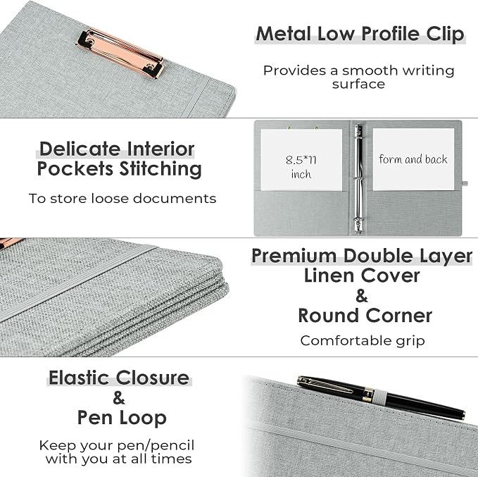 EYROZILL 3 Ring Binder, 1 Inch Linen Binder Organizer for Letter Size (8.5" x 11") with 5 Tab Dividers, File Folder Labels and Low Profile Clipboards, School and Office Supplies-Light Grey