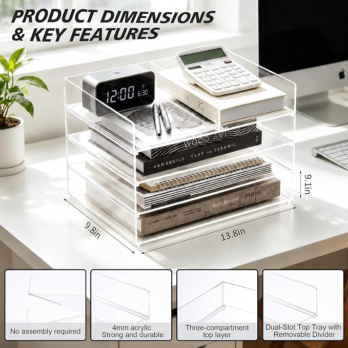 4-Tier Paper Tray Organizer Extra Large - Stackable Acrylic Desk Organizer | clear document sorter, vertical file holders, letter storage, workspace accessories, home, office, school, teachers, students