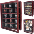 FramePro 11x14 Display Case with Adjustable Shelves Cherry, 4-Tier Memory Shadow Box for Wall, Deep Wooden Keepsake Display Shelf with Locking Door for Memorabilia, Photos, Medals, Wedding, Home Decor