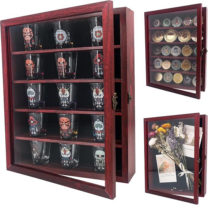 FramePro 11x14 Display Case with Adjustable Shelves Cherry, 4-Tier Memory Shadow Box for Wall, Deep Wooden Keepsake Display Shelf with Locking Door for Memorabilia, Photos, Medals, Wedding, Home Decor