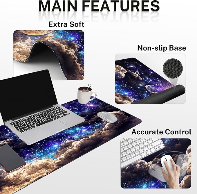 Keyboard Mouse Pad Set, 4 in 1 Desk Mat Set, Space Moon | Night Cloud Blue Large Mousepad+Keyboard Wrist Rest+Mouse Wrist Rest+Coaster Ergonomic Design for Home Office Computer