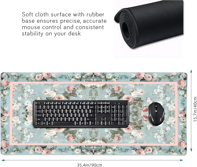 Floral Aesthetic Rose Gaming Mouse Pad, Muted Green Rug Desk Mat with Anti-Slip Base & Stitched Edges,35.4" x 15.7" in Desk Accessories for Women, Home Office Decor & Artistic Gift