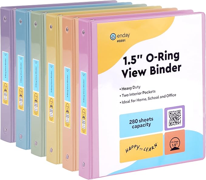 Enday 1.5 inch Binder 3 Ring Binder (6 Pack - Assorted Colors) O-Ring Binder with Clear View Cover and 2 Inside Pocket - for Letter Size 8.5 x 11'' Paper, Ideal for School Supplies, Office, and Home