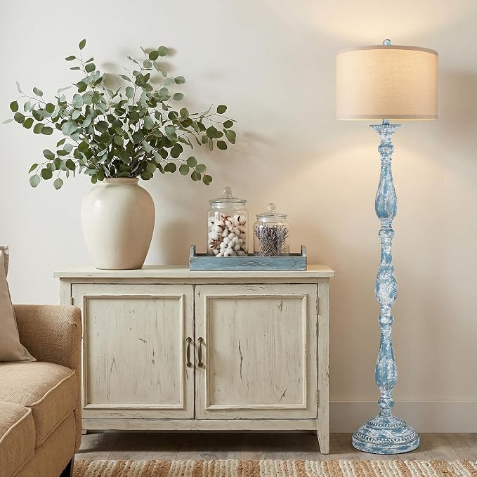 Vintage Floor Lamp for Living Room, Rustic Farmhouse Standing Lamp with Rotary Switch and Linen Shade, Retro Resin Floor Lamp for Bedroom, Corner, Dining Room, House Decor, Wash Blue
