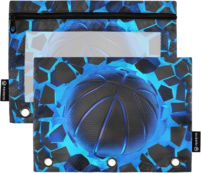 Blue Basketball Pencil Pouch for 3 Ring Binder, 2 Pack Waterproof Pencil Bags Clear Window Pencil Case Zipper School Office Supplies