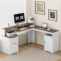 MALOL 63" Farmhouse L Shaped Executive Desk, Corner Computer Desk with Drawers & Storage Shelf, Home Office Desk with Power Outlet, Monitor Stand, Wood Grain Desktop, White & Rustic Brown