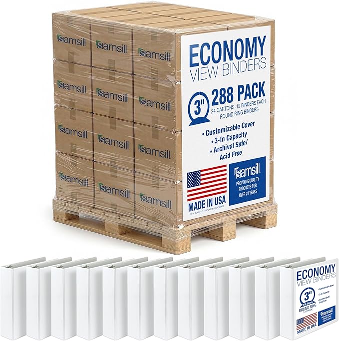 Samsill Economy 3 Inch 3 Ring Binder Bulk Pallet, Round Ring Binder, Customizable Clear View Cover, White, Pallet of 288 Binders in 24 Cartons
