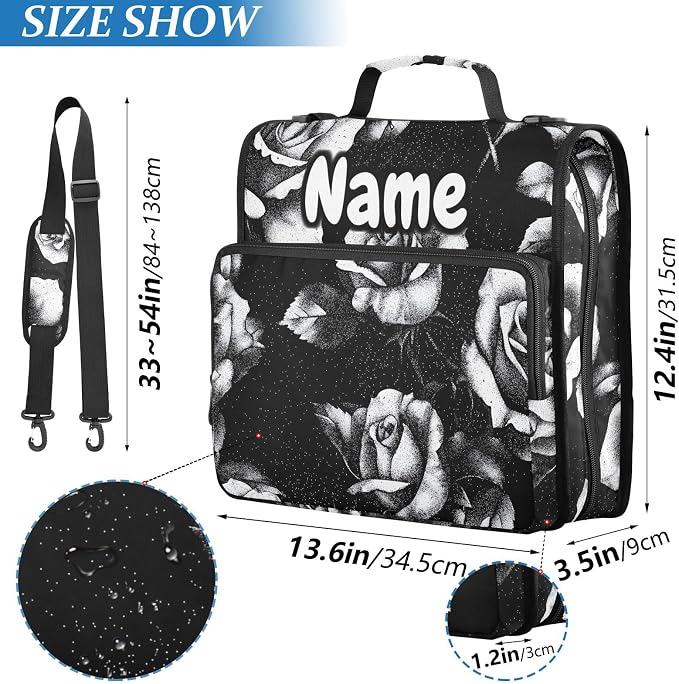 Custom Black and White Roses 3 Ring Binder Bag 1.5 inch Personalized Name Binder Organizer 500 Sheet Documents Storage for School Office