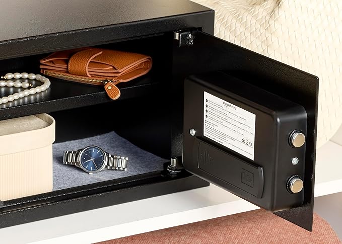 Amazon Basics Steel Security Safe and Lock Box with Electronic Keypad, Secure Documents Storage, Black, 0.5 Cubic Feet, 13.8"W x 9.8"D x 9.8"H, Removable Shelf