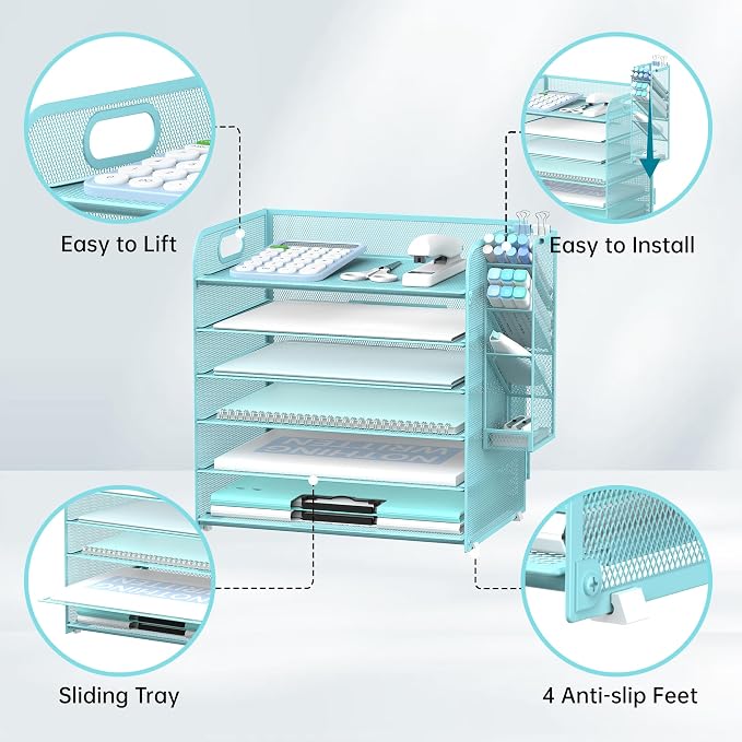 6 Tier Desk Organizer with 4 Pen Holders & Mesh Paper Trays Blue | 6 Tiers Paper Organizer, File Organizer Letter Tray with Handle for A4 Files, Folders, Mail and Office Supplies