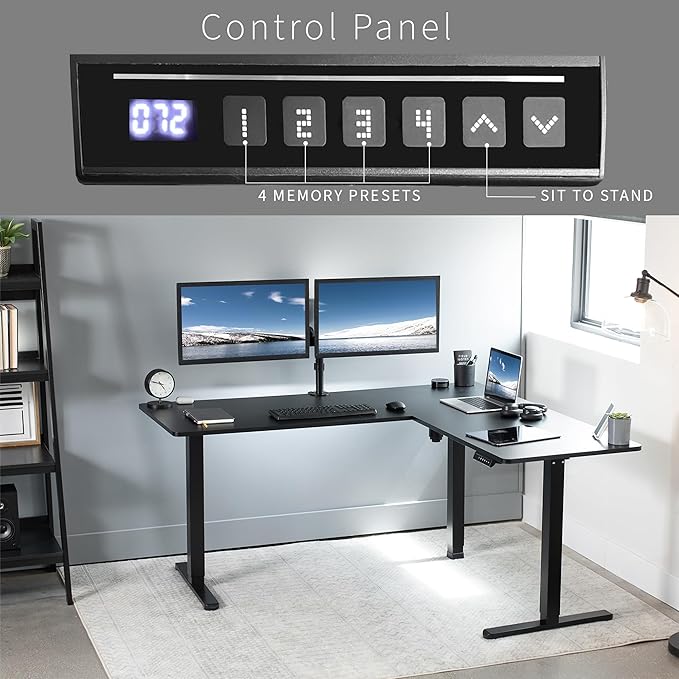 VIVO Electric Corner 63 x 55 inch L-Shaped Standing Desk, Memory Height Adjustment, Black Top Black Frame, DESK-E3CTB