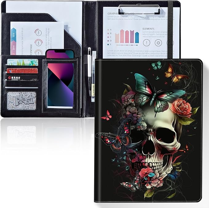 Padfolio/Portfolio Folder Clipboard,Padfolio Clipboard,Writing Portfolio Leather with Cover for Card Holder Slot Letter Size A4 for Office Conference Notepad Clip Boards,Skulls Art Butterflies