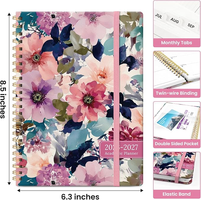 Academic Planner 2026-2027, Monthly & Weekly Jul 2026-Jun 2027 Planner | 6.3" x 8.5" Calendar Planner for Women, Hardcover Pretty Organizer for Women, School Office Home Supplies, Petaline Wash