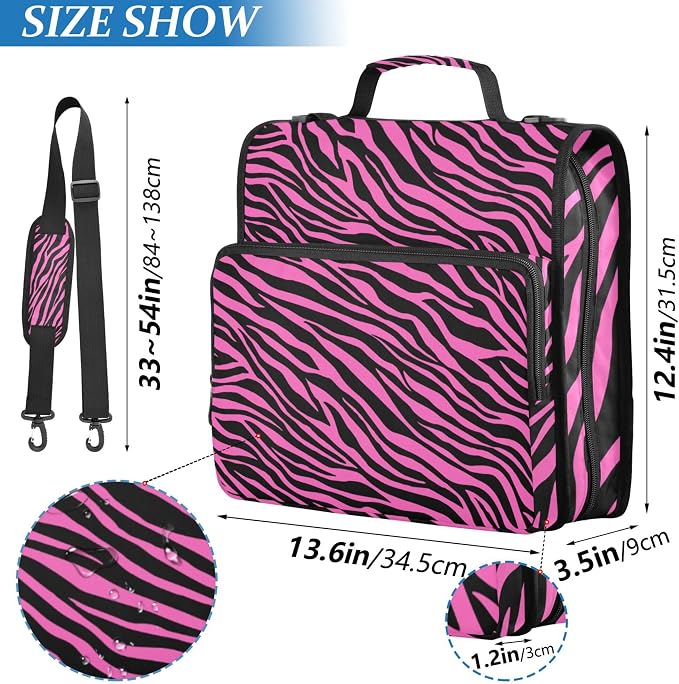 Fisyme Pinks Zebra Print Zipper Binder 3 Ring with Zipper and Shoulder Strap Large Capacity Multi-Pocket Binder Organizer