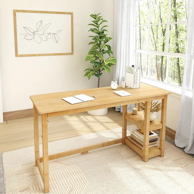 Plank+Beam Classic Desk, 55 Inch, with Shelves, Natural | Wooden Computer Desk with Shelves, Non-Toxic Finishes, Large Desk Space, Engineered Wood, Matching Style, Solid Wood
