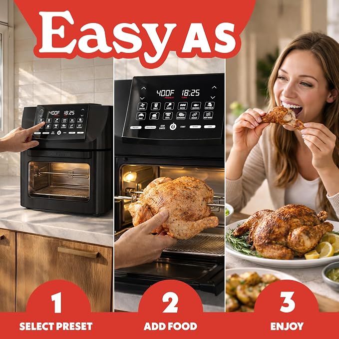 Gourmia Air Fryer - 14 Qt All-in-One Oven with Rotisserie, Digital Display with 12 Presets, Roast, Bake, Broil, Dehydrate, Dishwasher Safe Accessories, Black