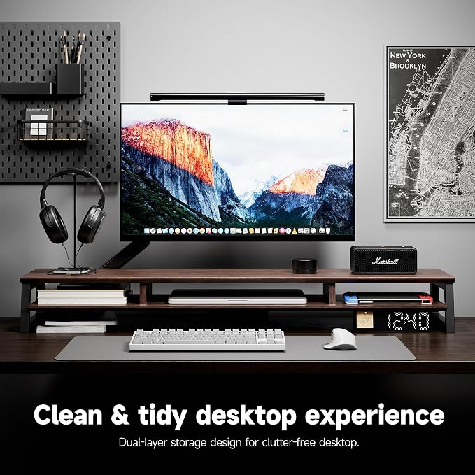 Dual Monitor Stand Riser for Desk, 41.7 Inch Large 2 Tier Computer Monitor Stand for 2 Monitors, Desktop Storage Organizer Shelf with Keyboard Space for Laptop PC Printer Brown