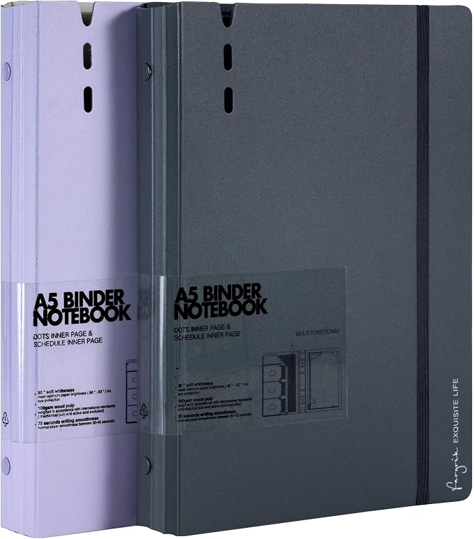 CAGIE A5 Binder 6 Ring Refillable Notebook with Dividers & Pockets | Daily Planning Square Ruled and Dotted Pages, Refill Paper Included, 6.89 x 9.25 In (Grey & Purple, A5 Daily & Dot Page)