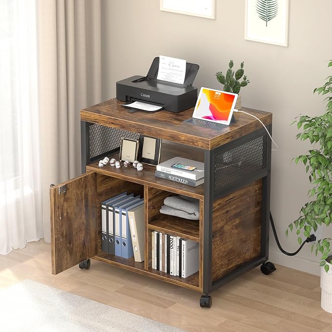 Unikito Rolling File Cabinet, Lateral Filing Cabinet on Wheels Mobile Office Printer Stand with Door and Open Storage Shelf for A4, Letter Size and Hanging File Folders, Lockable, Rustic Brown