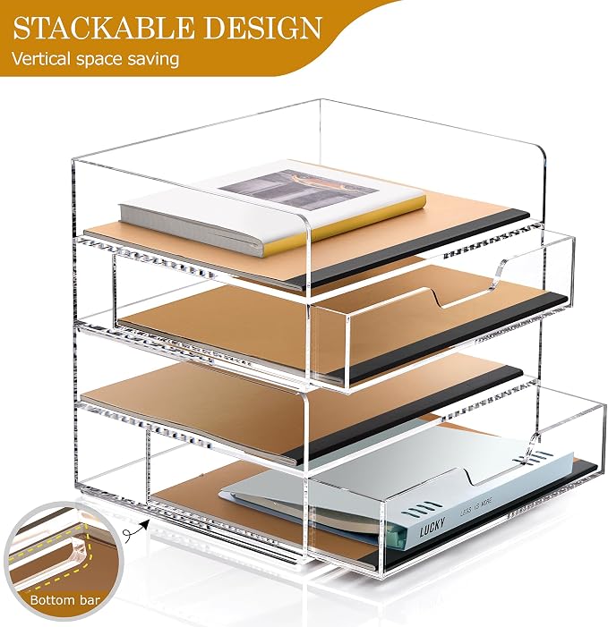 SANRUI 2-Tier File Organizer with 1Drawer, Acrylic Stackable Letter Tray | Desk Drawer Organizer with Paper Tray, Versatile Clear Acrylic Organization for Office Supplies, Home & School Organization