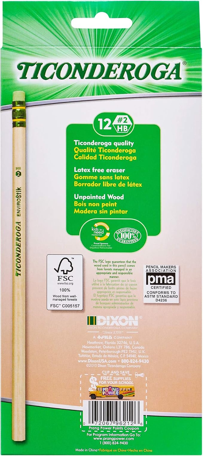 Ticonderoga EnviroStik, No. 2 Soft, Six 12-Count Hang Tab Boxes, Total 72 Pencils, (Wood-Cased Black Writing), Made from Recycled Content, 100% Recyclable (96212)
