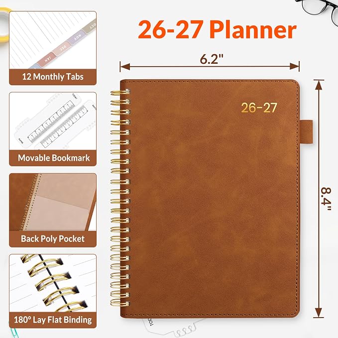 SUNEE 2026-2027 Weekly & Monthly Planner 6.4"x8.5" - 12 Month (July 2026 - June 2027), Vegan Leather Cover Planner Academic Year Calendar, Pocket, Notes, Monthly Tab, Brown