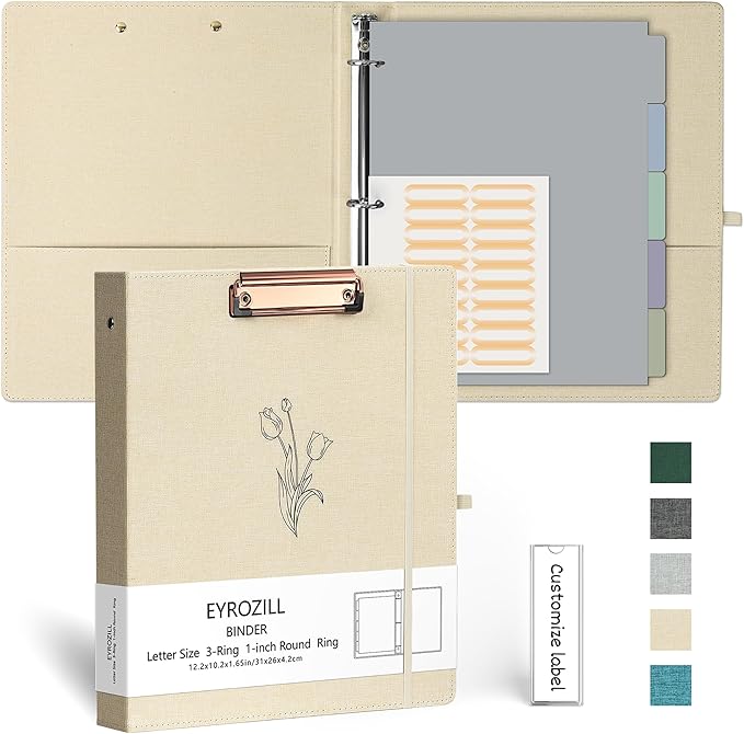 EYROZILL 3 Ring Binder, 1 Inch Linen Binder Organizer for Letter Size (8.5" x 11") with 5 Tab Dividers, File Folder Labels and Low Profile Clipboards, School and Office Supplies- Tulip White