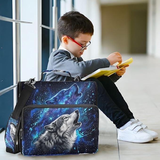 Wolf Space Star Print 3 Ring Zipper Binder with Shoulder Strap & Handle 2 Inch D-Ring Zippered Binder Bag with Multiple Pocket & Pencil Pouch, Binder Organizer for School or Office