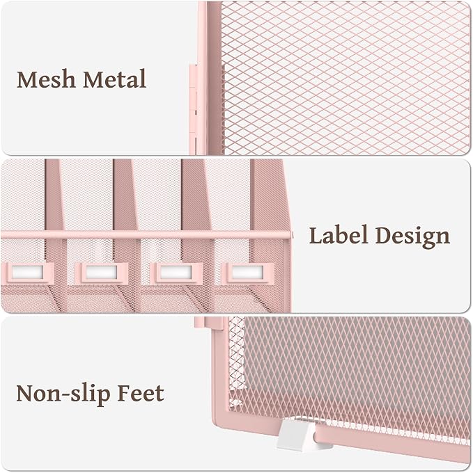 Desk Organizers Metal Desk Magazine File Holder with 5 Vertical Compartments Rack File Organizer for Office Desktop, Classroom, Home Workspace, Pink