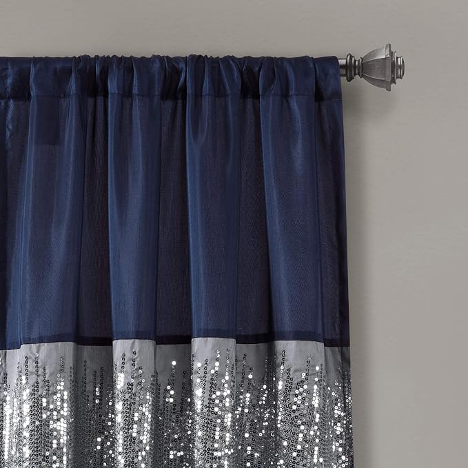 Lush Decor Night Sky Window Curtain Panel, Single 42"W x 95"L Navy & White - Sequin Backdrop Curtain - Room Darkening Curtains For Bedroom - Glam Decor