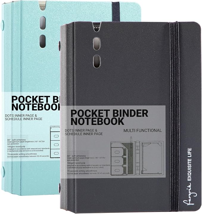 CAGIE 2 Pack A7 Binder 6 Ring Refillable Notebook, Dividers & Pockets | Hourly Planning Square Ruled and Dotted Pages, Refill Paper Included (Grey & Blue, A7 Hourly & Dot Page)