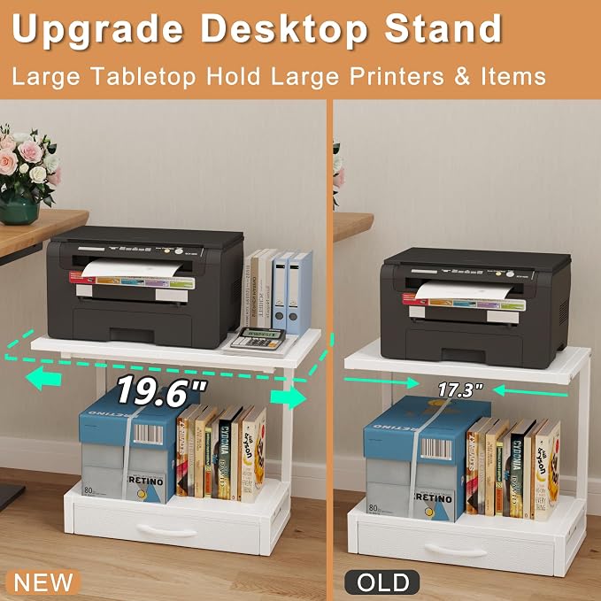 YAOHUOO 2-Tier Desktop Printer Stand with Fabric Drawer,19.6"x14.9" White | Printer Table with Storage Shelf,Desk Organizer for Home Office,Fit Printer,Fax Machine,Scanner,Space Saving for Two Monitors