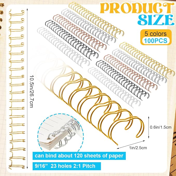100 Pcs Metal Double Loop Binding Wires 9/16 Bulk Cinch Binding Wires Double Spiral Ring Coil 5 Colors Twin Spines Combs 23 Holes 2: 1 Pitch Cinch Coil Machine Wire