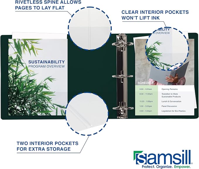 Samsill Durable 1.5 Inch Binder, D Ring Binder, Customizable Clear View Cover, Green, Holds 350 Pages
